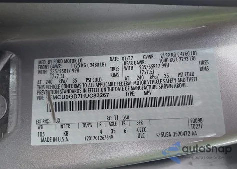 2017 Ford Escape Se из США, поврежденный, VIN 1FMCU9GD7HUC83267